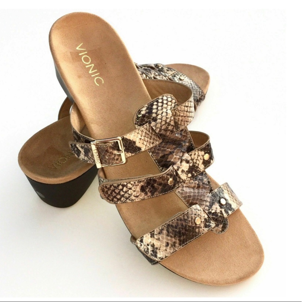 Vionic Wedge Sandals Adjustable Triple Strap Natural Snakeskin Slides Radia Sz 6